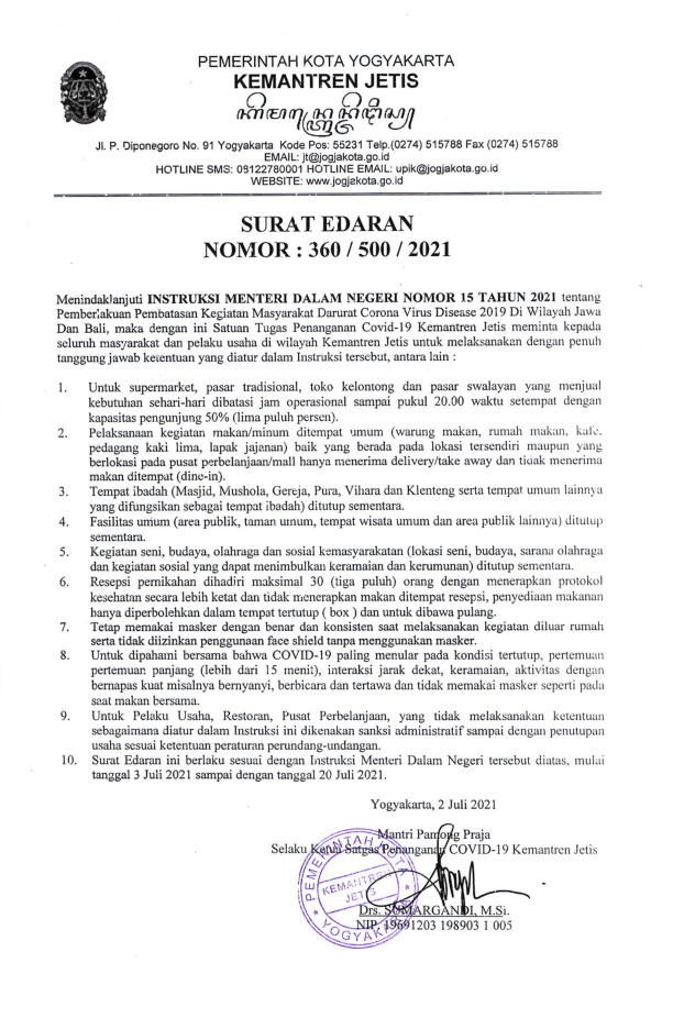 Surat Edaran Mantri Pamong Praja Jetis Tantang PPKM Darurat 3-20 Juli 2021