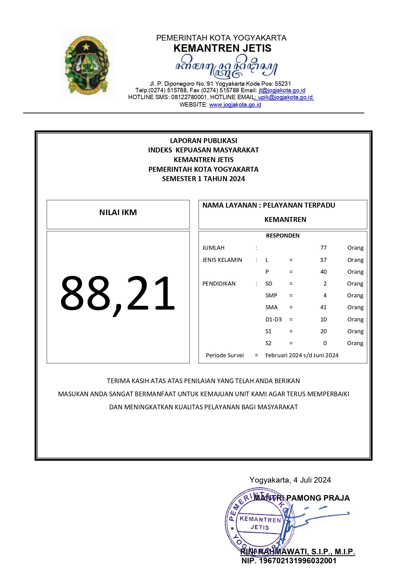 Publikasi Survei Kepuasan Masyarakat Semester 1 Tahun 2024